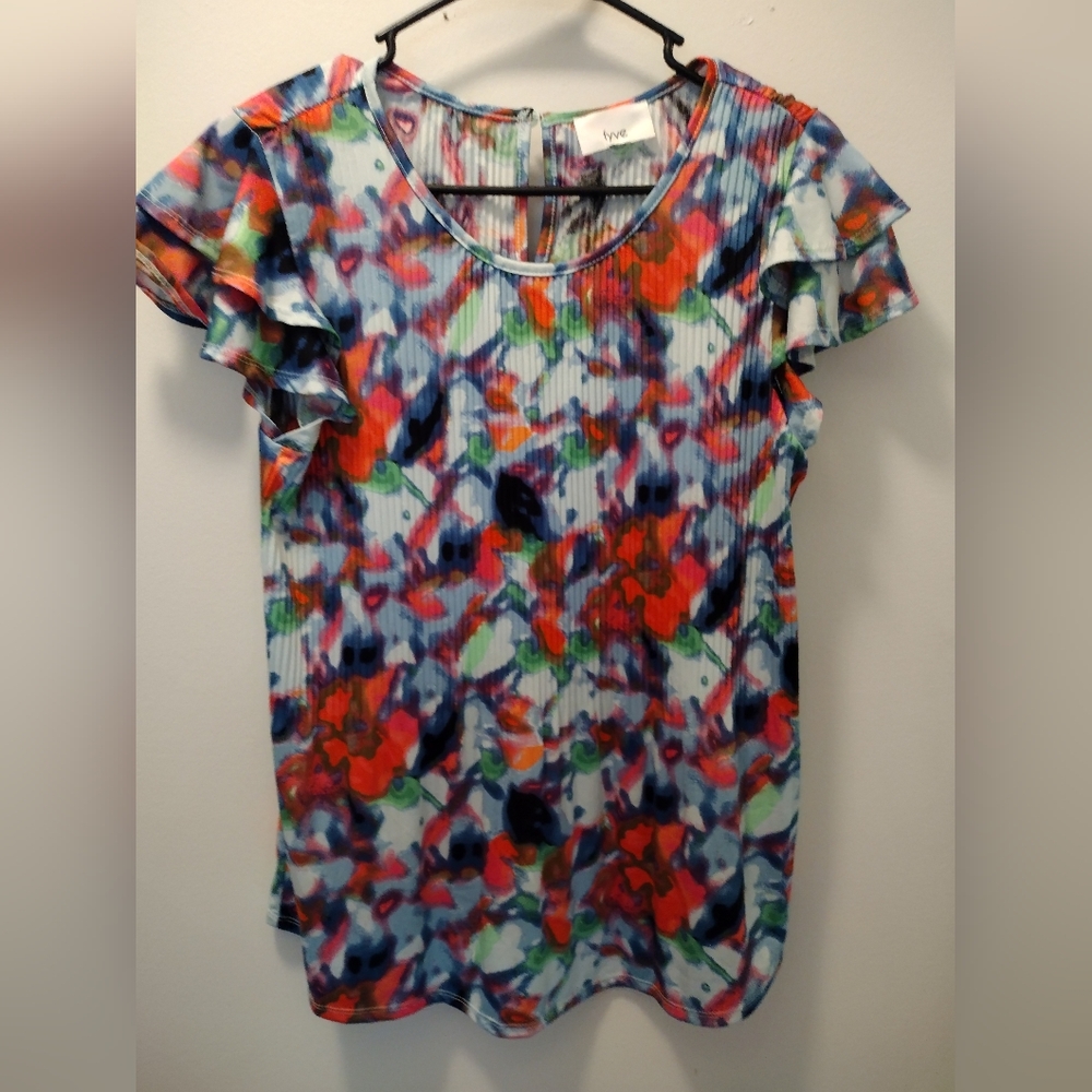 Fyve Colorful Abstract Ruffle Sleeve Blouse